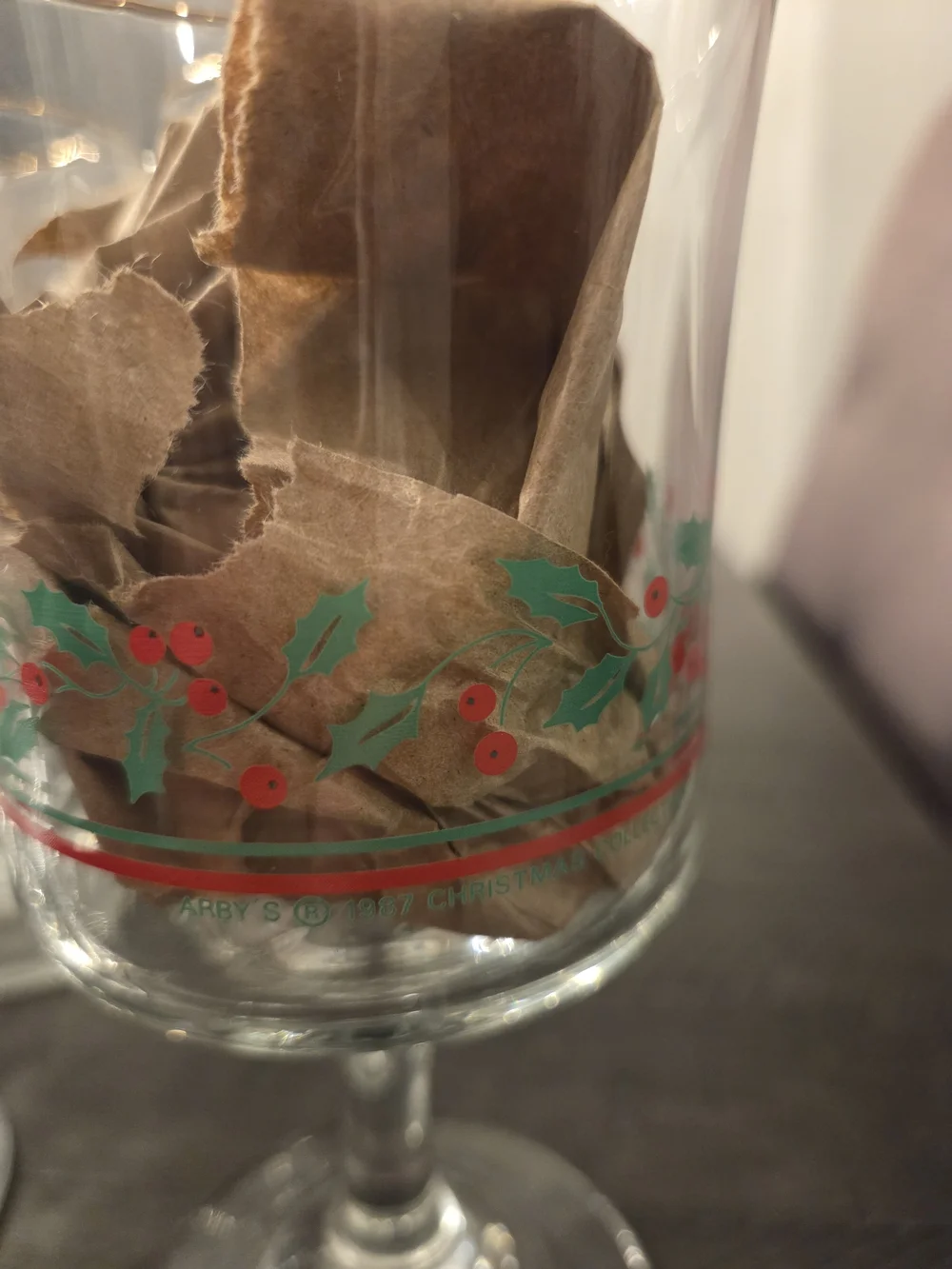 1987 Vintage Holiday Holly Stemmed Glass - Clear with Green & Red And Gold Rim